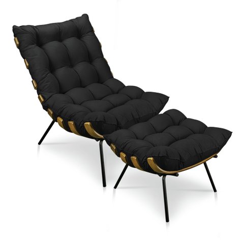 Kit Poltrona Costela com Puff para Sala Suede Preto