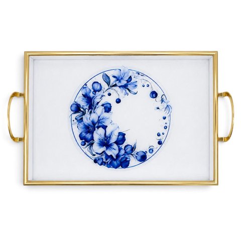 Bandeja Decorativa Branco com Detalhes Azul 30x45cm