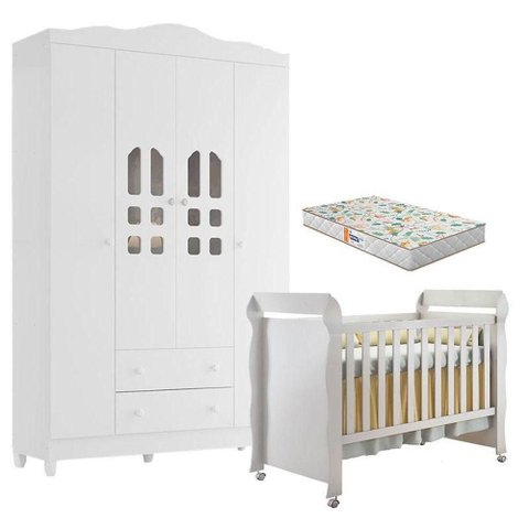 Berço Americano Mirelle e Guarda Roupa New Selena 4 Portas Branco Brilho com Colchão Gazin –