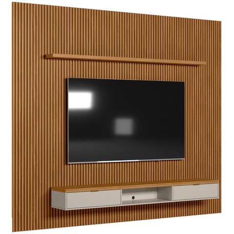 Painel Ripado Para TV 75 Pol Slats e Bancada Lisa 297x250cm L05 Nature Off White - Lyam Decor Slats 