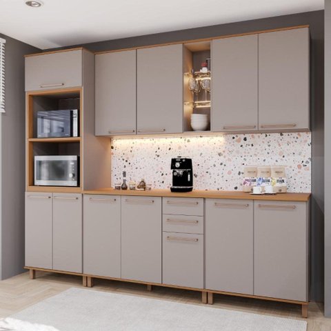 Armário de Cozinha Modulada Completa Fidelitá Berlim 5 Peças 270cm 12 Portas 2 Gavetas com Tampo