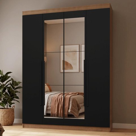 Guarda-Roupa Solteiro 4 Portas Batentes com Espelho Rustic/Preto/Preto Netuno Madesa