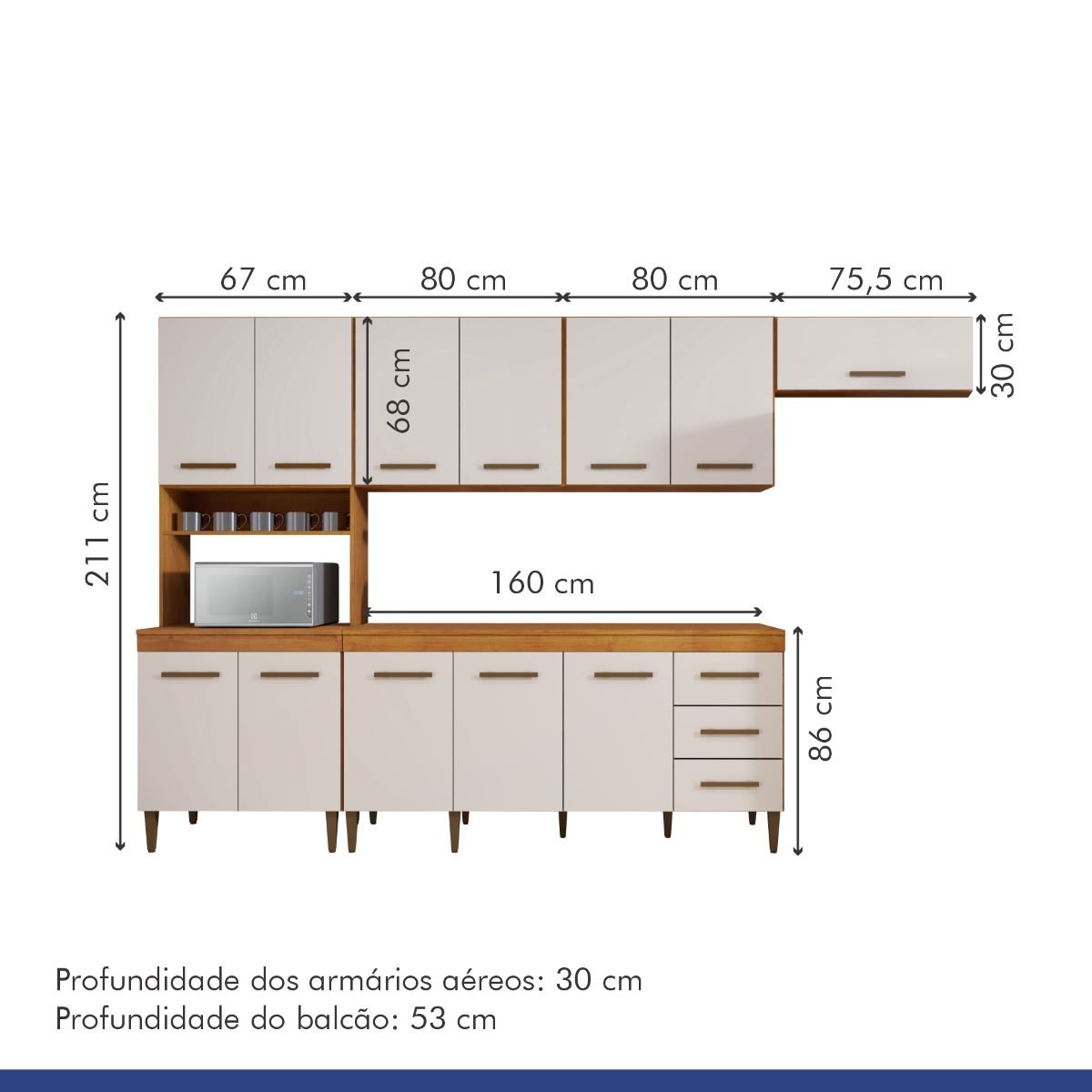 Cozinha Modulada 12 Portas 3 Gavetas Atenas Kaiki Móveis:Nature/Off - 8