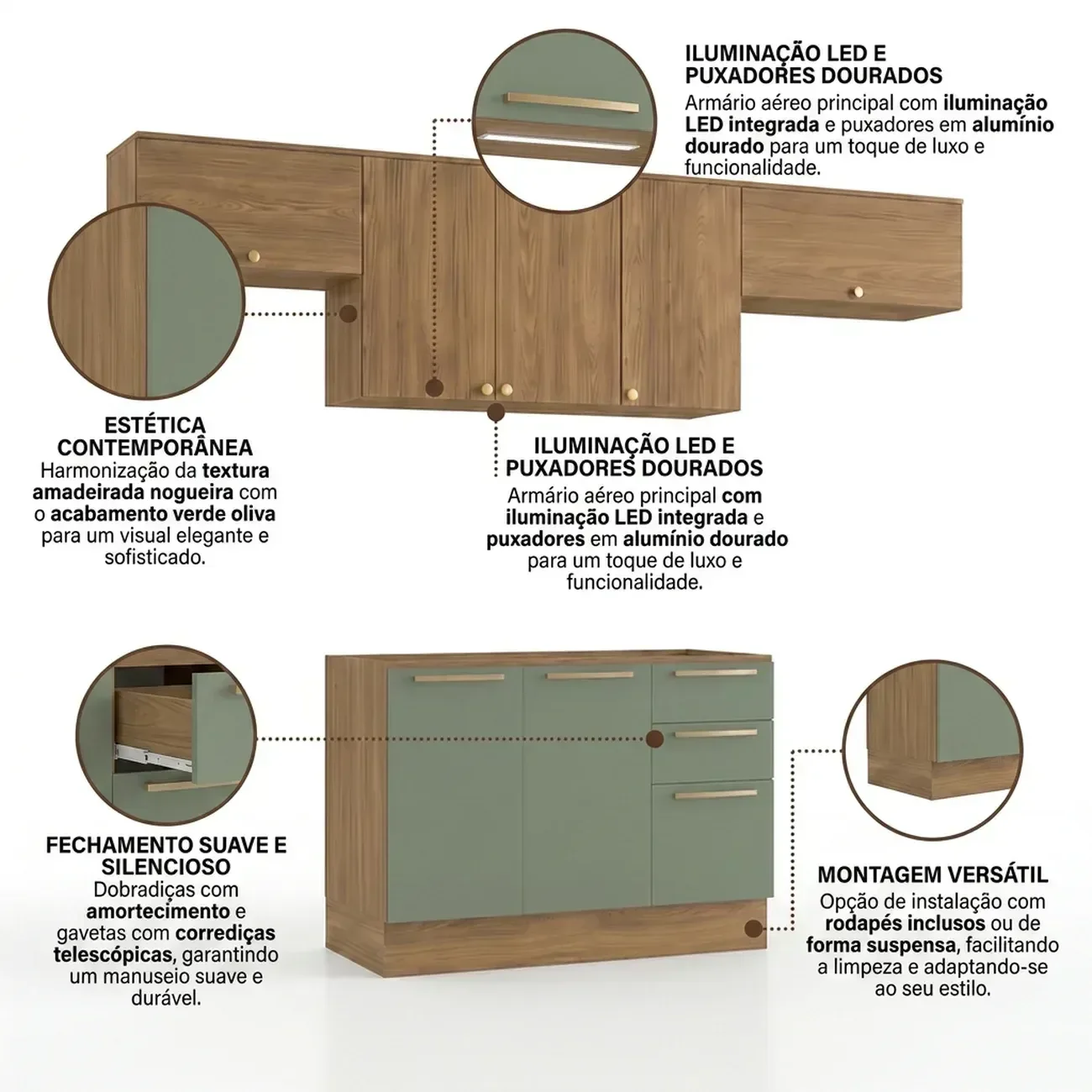 Ver imagem 5 de Cozinha Compacta Modulada 4 Peças com Balcão para Pia sem Tampo 260 x 222cm Botanic Nogueira/Verde Oliva