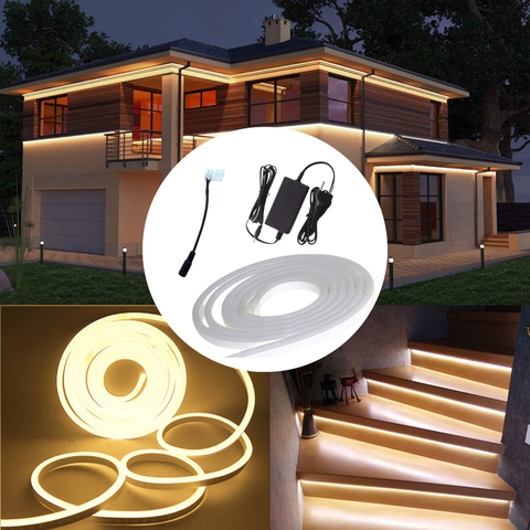 Kit Fita Tira Mangueira Flexível De Led Neon 5M Com Luz Branco Quente Para Corte De 2,5Cm Com Fonte 