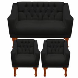 Jogo de Sofá Namoradeira + 02 Poltronas para Escritorio Recepção Grecia - Suede Preto - 1