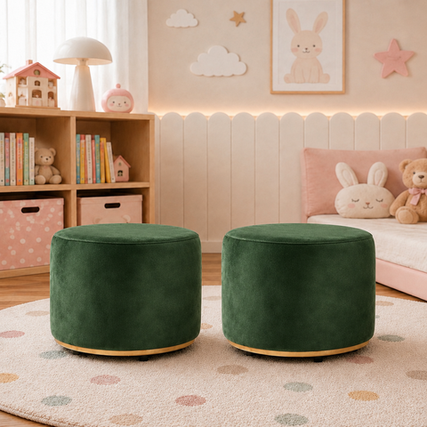 Kit 2 Puff Infantil Premium - Banquinho Redondo Estofado para Quarto, Sala Pés Anti-Umidade Verde