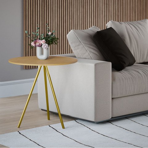 Mesa Lateral Decorativa Gabriela Base Dourada Tampo Redondo Canela