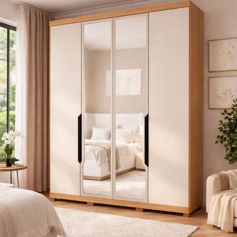 Guarda Roupa Solteiro com Espelho 4 Portas 100% MDF Off White e Carvalho Barcelona Bege