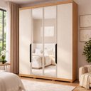 Ver imagem 1 de Guarda Roupa Solteiro com Espelho 4 Portas 100% MDF Off White e Carvalho Barcelona Bege