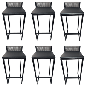 Kit 6 Banquetas Alta Encosto Junco Café Assento Preto