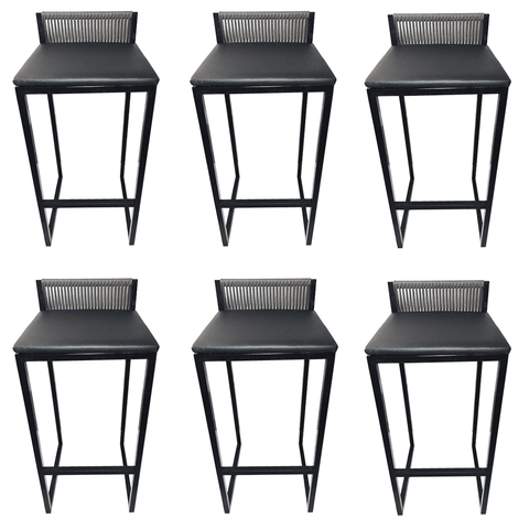 Kit 6 Banquetas Alta Encosto Junco Café Assento Preto