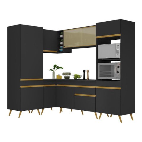 Armário de Cozinha Completa de Canto Veneza Multimóveis V2049 Preto/Dourado