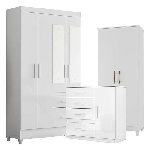 Guarda Roupa com Espelho Infantil Sobral com Cômoda Vênus e Armário Multiuso Jade Branco Brilho