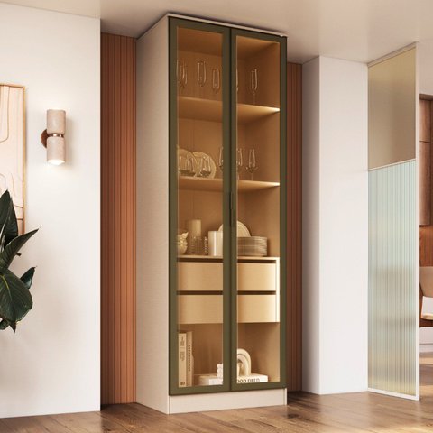Cristaleira Armário 2 Portas Reflectas com LED 100% MDF Celeste Bege/Duna