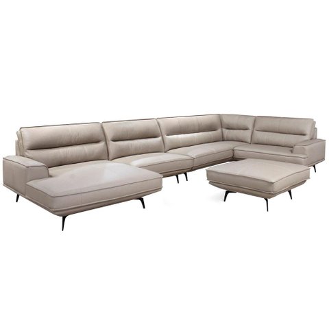 Sofá Evans Canto + Chaise com Puff Couro Pérola 476cm - 69880