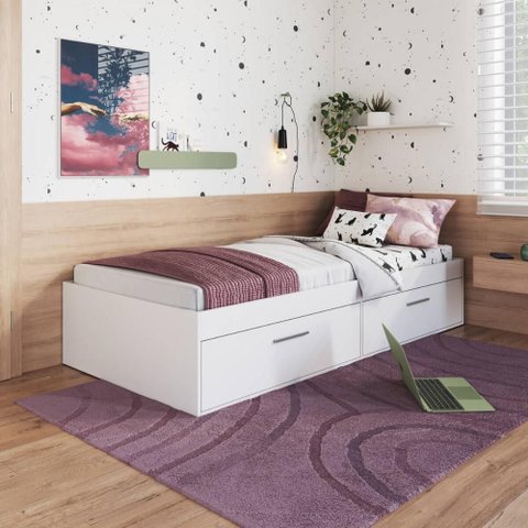 Cama de Solteiro Branca com 2 Portas Basculantes Organizadoras MDP Tókio Art In Móveis