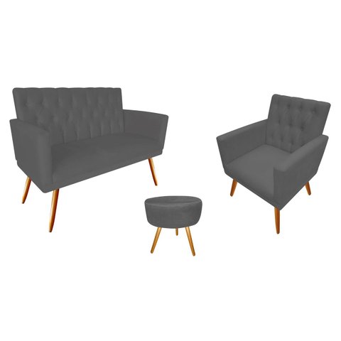 Kit Namoradeira + 1 Poltrona Decorativa Nina Capitonê + Puff Redondo Suede Cinza Pés Madeira Mz Deco