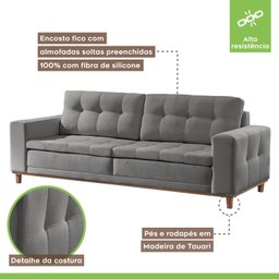 Sofá 4 Lugares 230cm Molas Ensacadas com Base Madeira Maciça D-33 Linho Braúna - 4