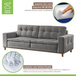 Sofá 3 Lugares 210cm Molas Ensacadas com Base Madeira Maciça Living Braúna - 6
