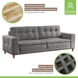 Sofá 3 Lugares 210cm Molas Ensacadas com Base Madeira Maciça Living Braúna - 5