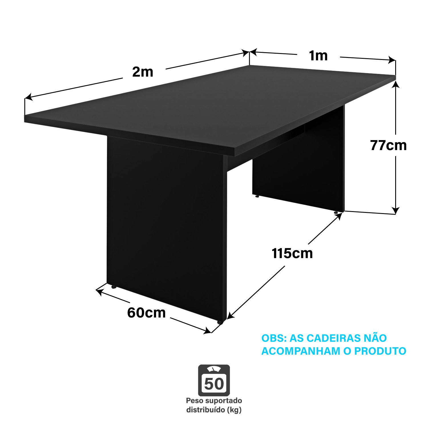 Mesa de Jantar 6 Lugares Cozinha 200x100cm Mdp Netmobil - Preto - 5