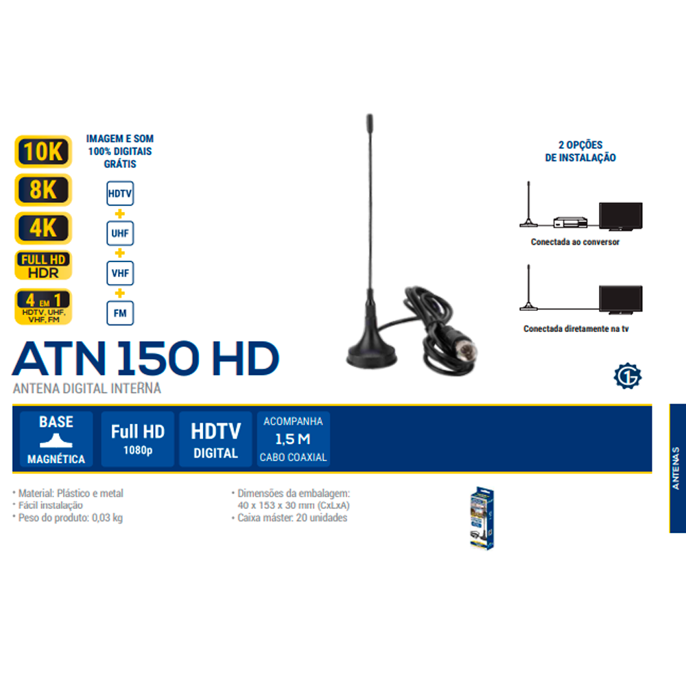 Antena Digital Interna Tv e Conversor UHF Cabo Coaxial 1,5M - 4