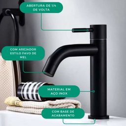 Torneira Bancada Preto Fosco para Banheiro Lavabo Lavatorio Água Fria 1/4 Volta Médio em Aço Inox 30 - 4