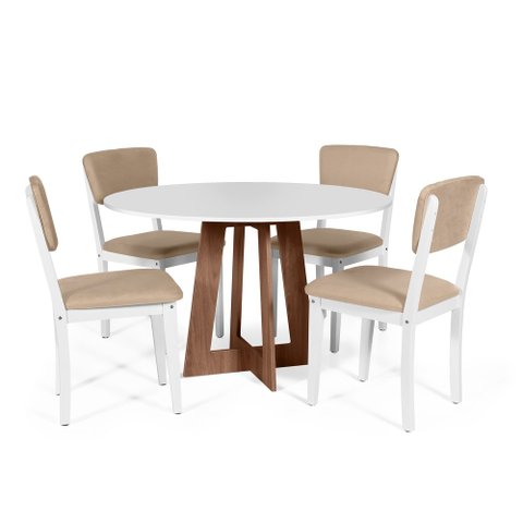 Mesa de Jantar Redonda Montreal Bran/nor com 4 Cadeiras Estofadas Ella Branco/bege