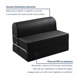 Sofá Cama Casal Retrátil 2 Lugares Corino Preto Smart 130cm - 9 Sofá Cama Casal Retrátil 2 Lugares Corino Preto Smart 130cm - 9
