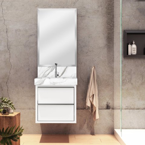 Lavatório em Porcelanato para Banheiro 50x22,2cm Top com Cuba Esculpida Branco/Calacata