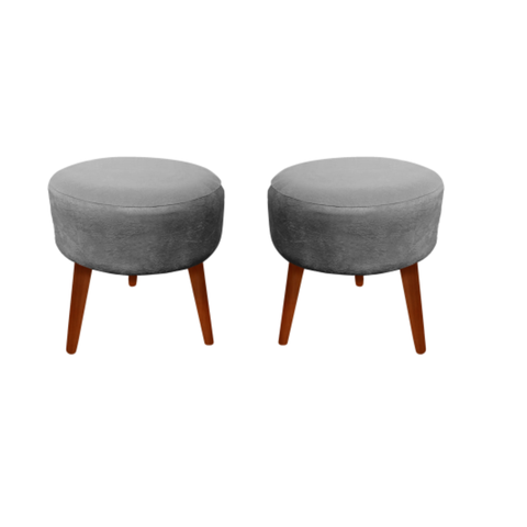 Kit 02 Puffs Redondo Luxo Dany Suede Cinza Claro - Pandora Decor