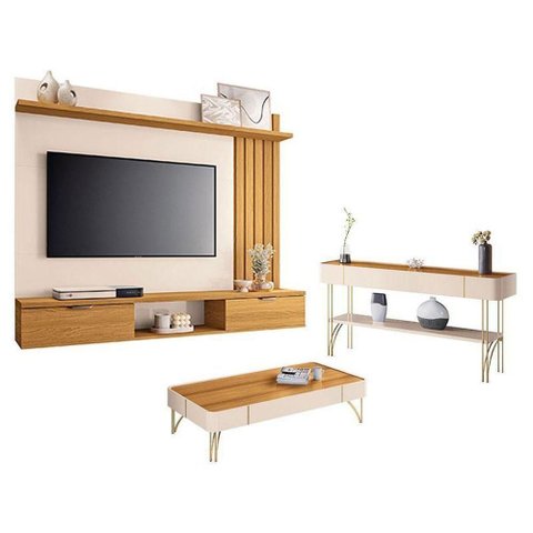 Painel Suspenso Lets Cinamomo Off White com Mesa de Centro e Aparador Off White Cinamomo-HB Móveis