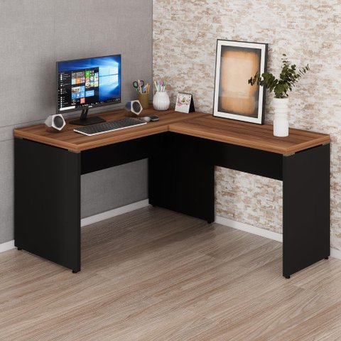 Mesa em L Escrivaninha 1,20m X 1,50m Escritório F5 Office Cor:nogal com Preto