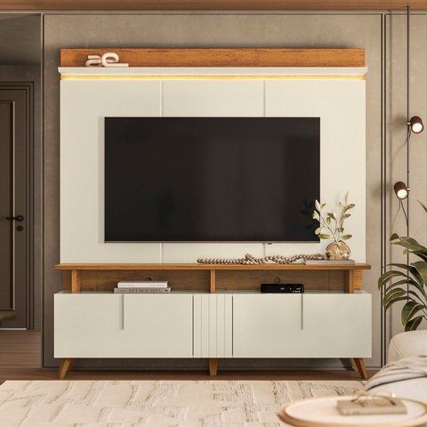 Estante Home para TV 70 Polegadas 191,2x180cm Petropolis 1.8 Off White Canela