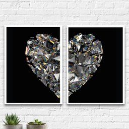 Kit 2 Quadros Coração De Diamantes 24x18cm:Madeira branca - 1