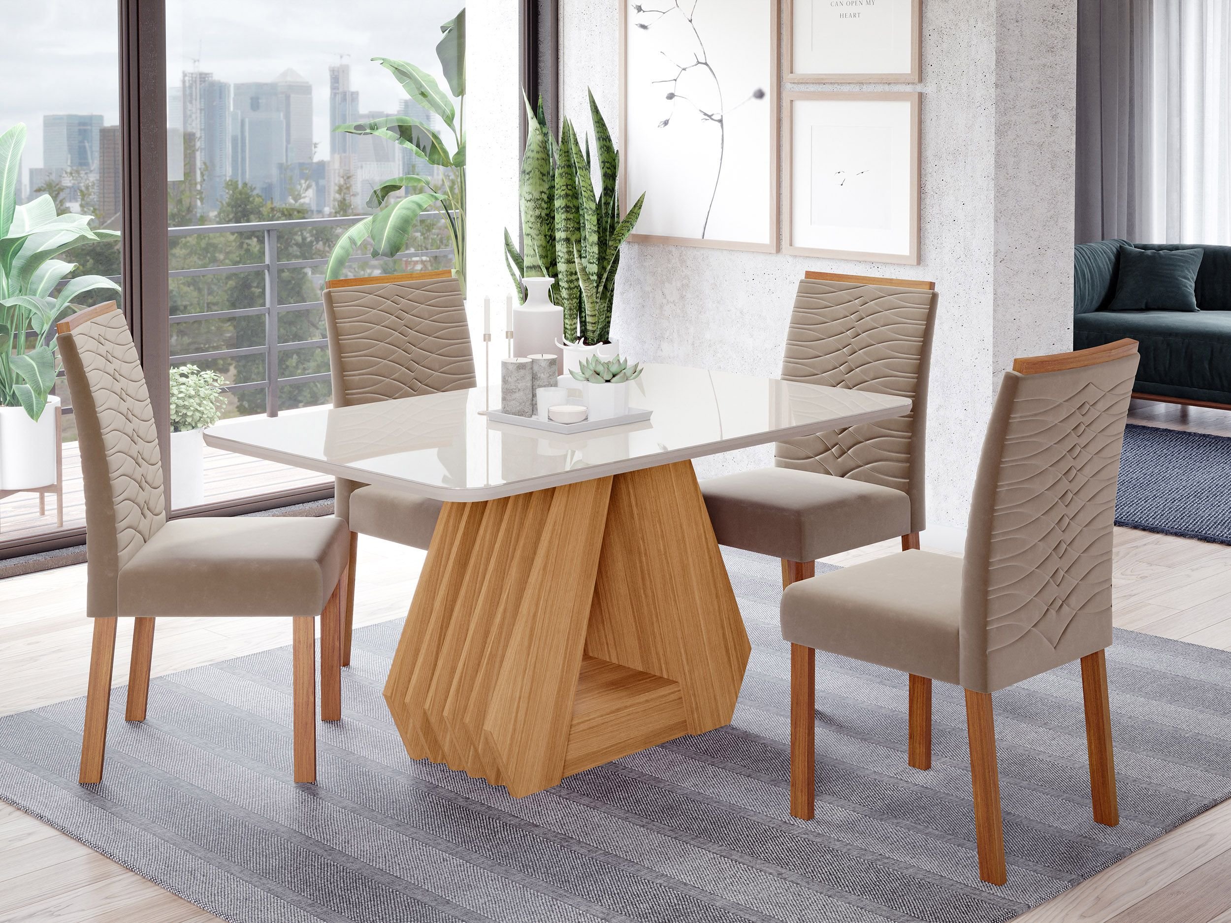 Menor preço em Conjunto Sala de Jantar Mesa Ágata 130x80cm Tampo Vidro/MDF com 4 Cadeiras Clarice 