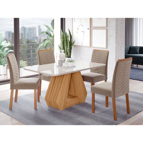 Conjunto Sala de Jantar Mesa Ágata 130x80cm Tampo Vidro/MDF com 4 Cadeiras Clarice Marrom/Nature/Off White/Joli
