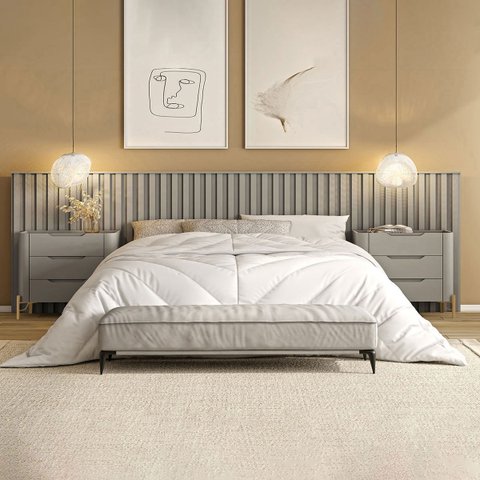 Conjunto Cabeceira Super King 400cm C/ 2 Mesas de Cabeceira Cor:grigio com Dourado