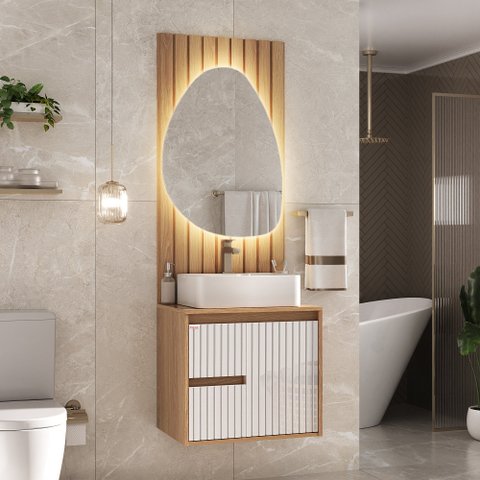 Conjunto Clarice 60cm com Painel Espelho Led e Cuba Stella - Fabribam