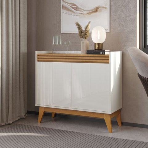 Buffet Aparador Ripado 2 Portas com Pés de Mdf Bahamas 92cm - Via Nossa - Off White e Cedro