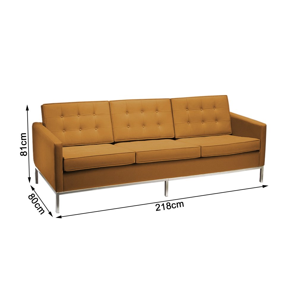 Sofá Florence Knoll 3 Lugares Cromado em Couro Natural Caramelo - 2