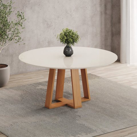 Mesa de Jantar 6 Lugares 140cm Tampo MDF e Vidro Redonda Lisa
