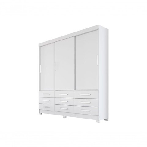 Guarda Roupa Solteiro Rei de Casa Neve 3 Portas Correr 9 Gavetas MDP Neve 180cm