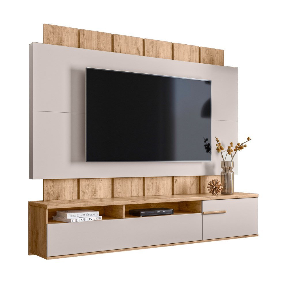 Painel Home Suspenso para TV até 70 Pol. 181cm Ripado Senna B03 Teca Supremo/Off Ártico -