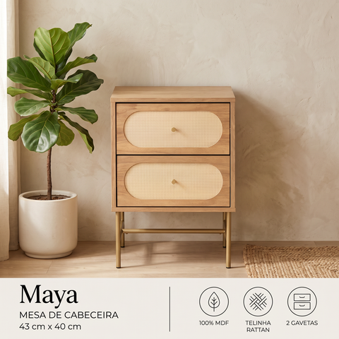 Mesa de Cabeceira Maya 2 Gavetas 43 cm X 40 cm Tauari/Dourado - Telinha Rattan