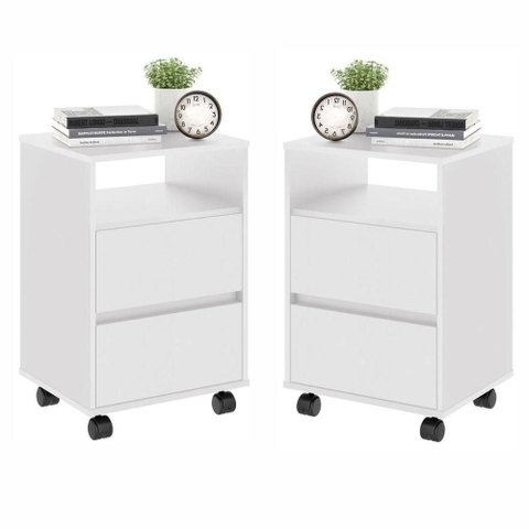 Conjunto de Mesa de Cabeceira Verona 2 Gavetas Rodízios Branco Plata Móveis