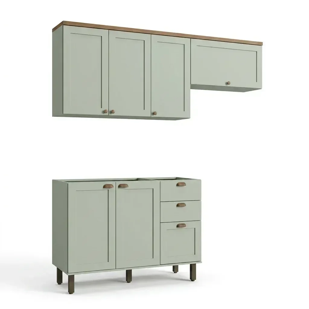 Ver imagem 2 de Cozinha Compacta 3 Peças 100% MDF 2 Armários Aéreos e Balcão para Pia sem Tampo Iluminata Verde Mint