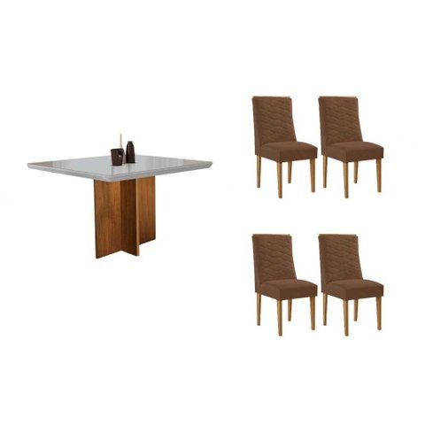 Conjunto: Mesa de Cozinha Berlim Curvo 90cm + 4 Cadeiras Maldivas Naturale/Off White - Suede Marrom