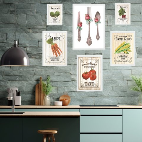 Kit Composição 6 Quadros Cozinha Retrô:moldura Branca